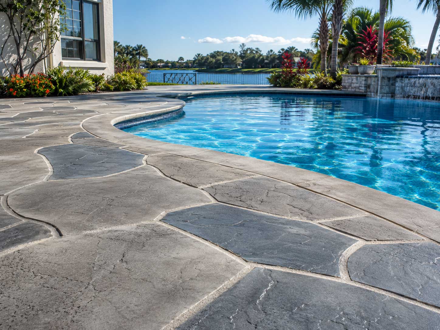 Gray stamped concrete pool deck with a flagstone pattern and lake view in Palm Beach and Broward County