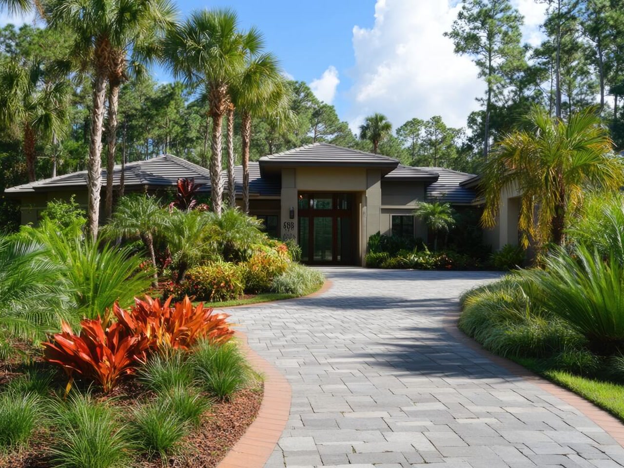 Gray paver driveway widening into an entry court on a Boca Raton property, edged with a brick border and tropical landscaping