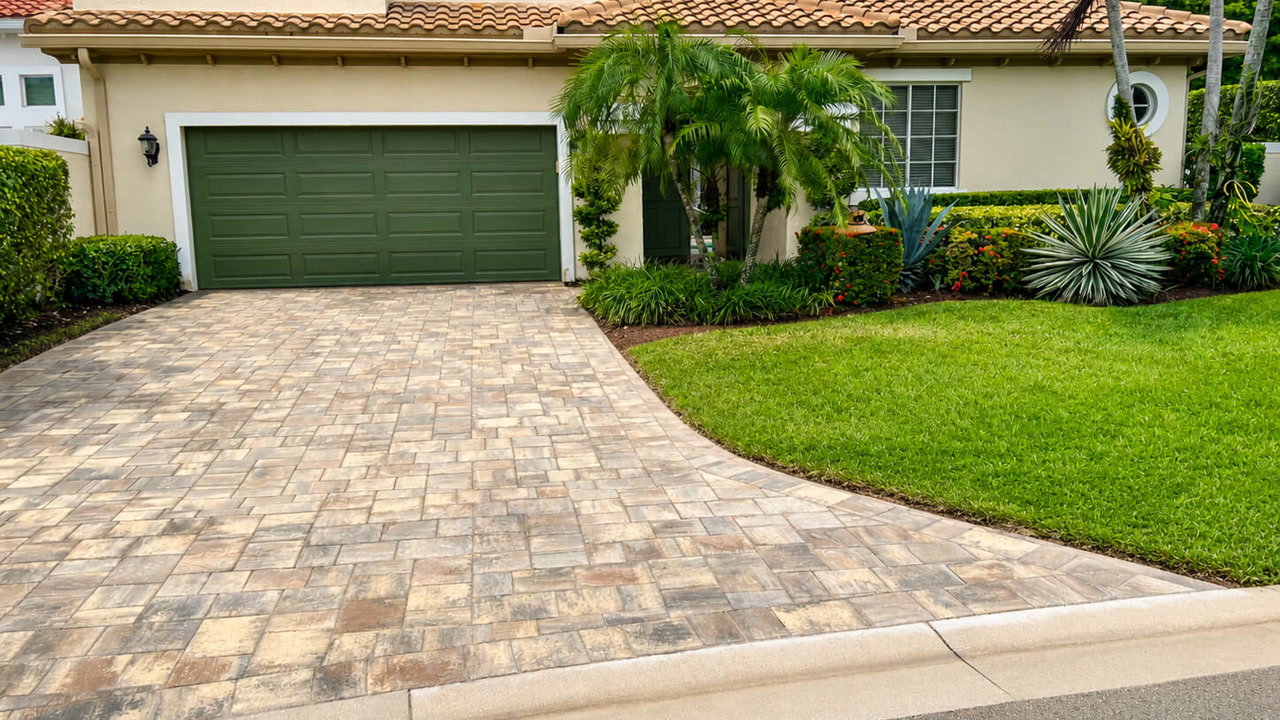 Tan running bond paver driveway renovation leading to a green garage door for a Delray Beach homeowner