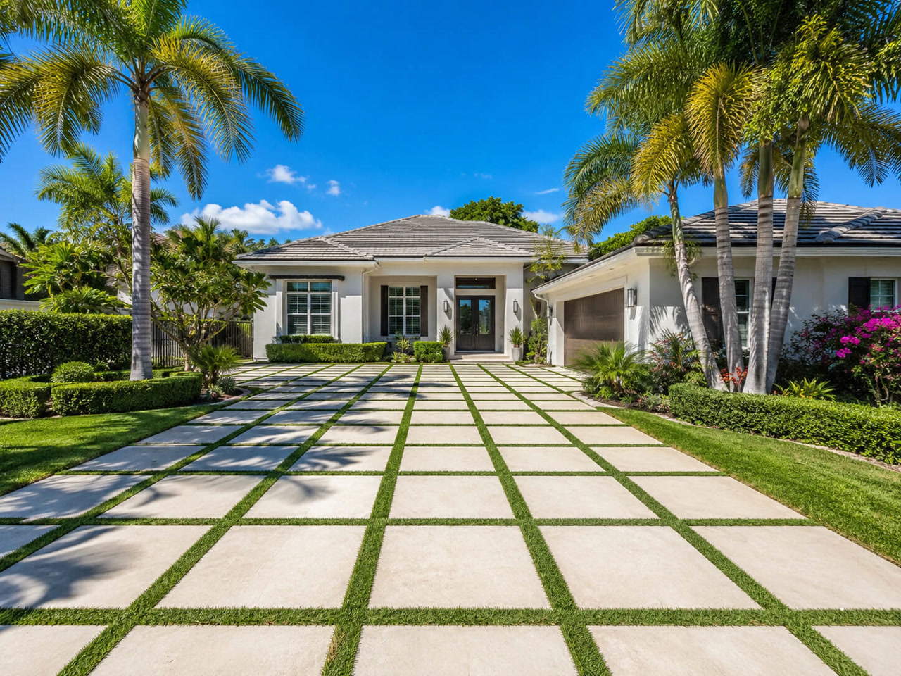 Paver driveway with large concrete pavers and grass joints leading to a modern white home framed by royal palms in West Palm Beach