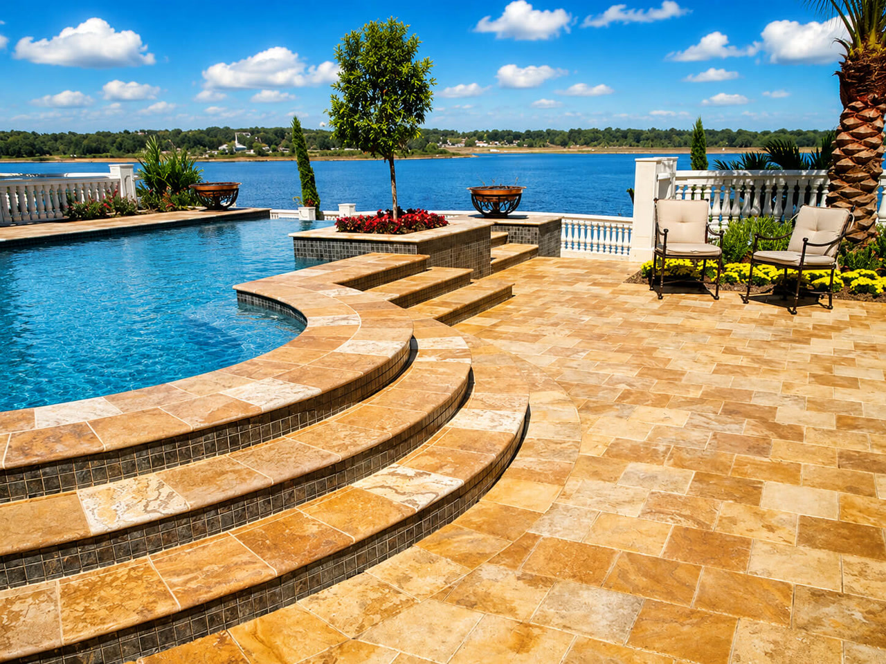 Honey-gold travertine curved steps descend to a pool with open lake views in Coconut Creek