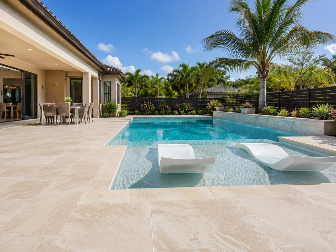 Two loungers rest in a sun shelf pool bordered by an ivory travertine deck at a Coconut Creek home