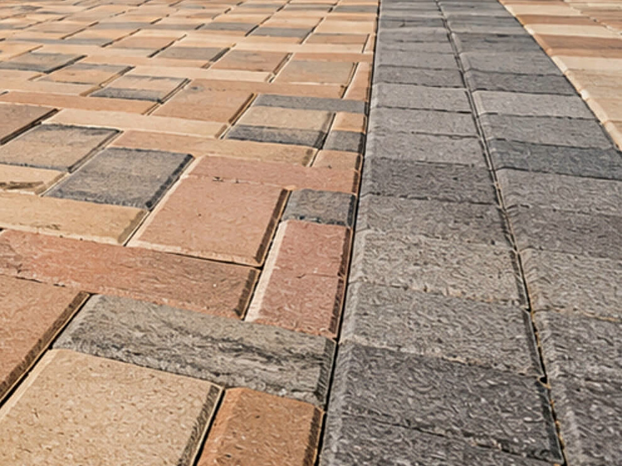 Ground-level view of a tan and red paver patio with a charcoal border band in Coral Springs