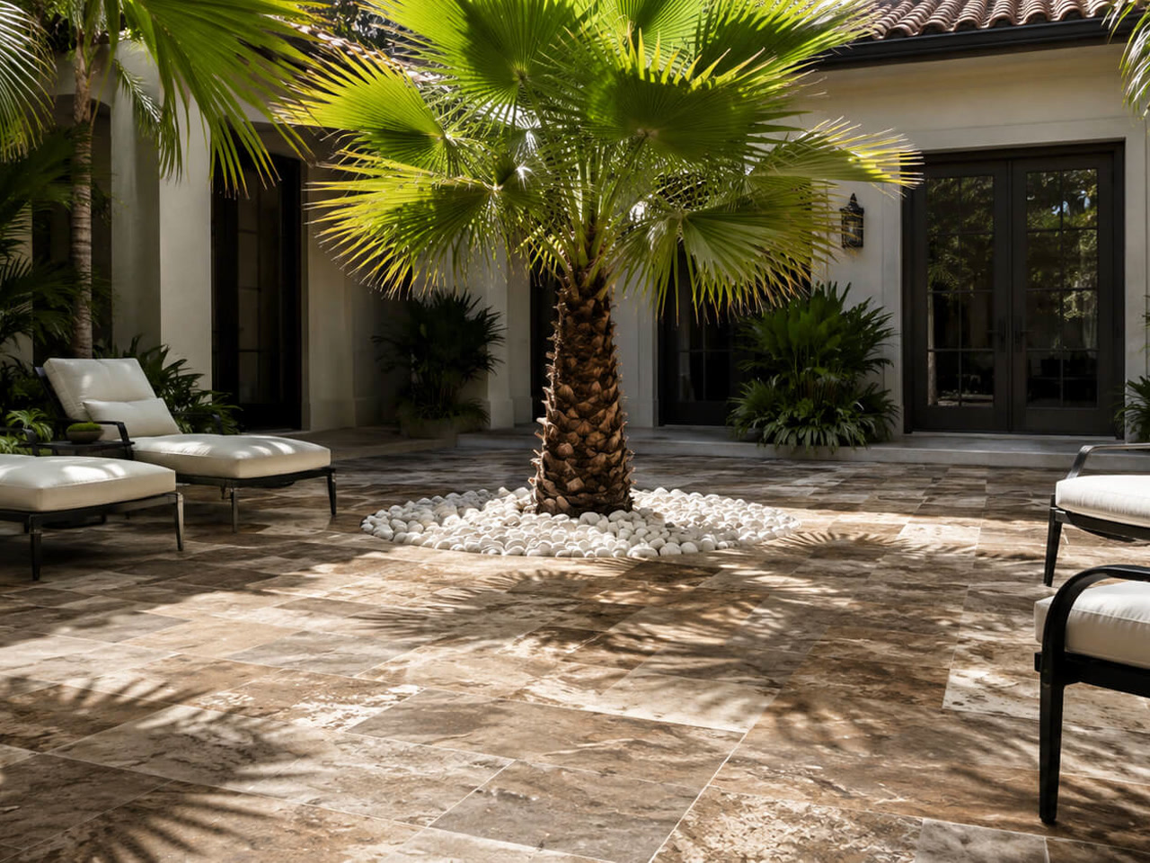 Travertine paver courtyard in Coral Springs with a fan palm set in white stones and shaded lounge chairs