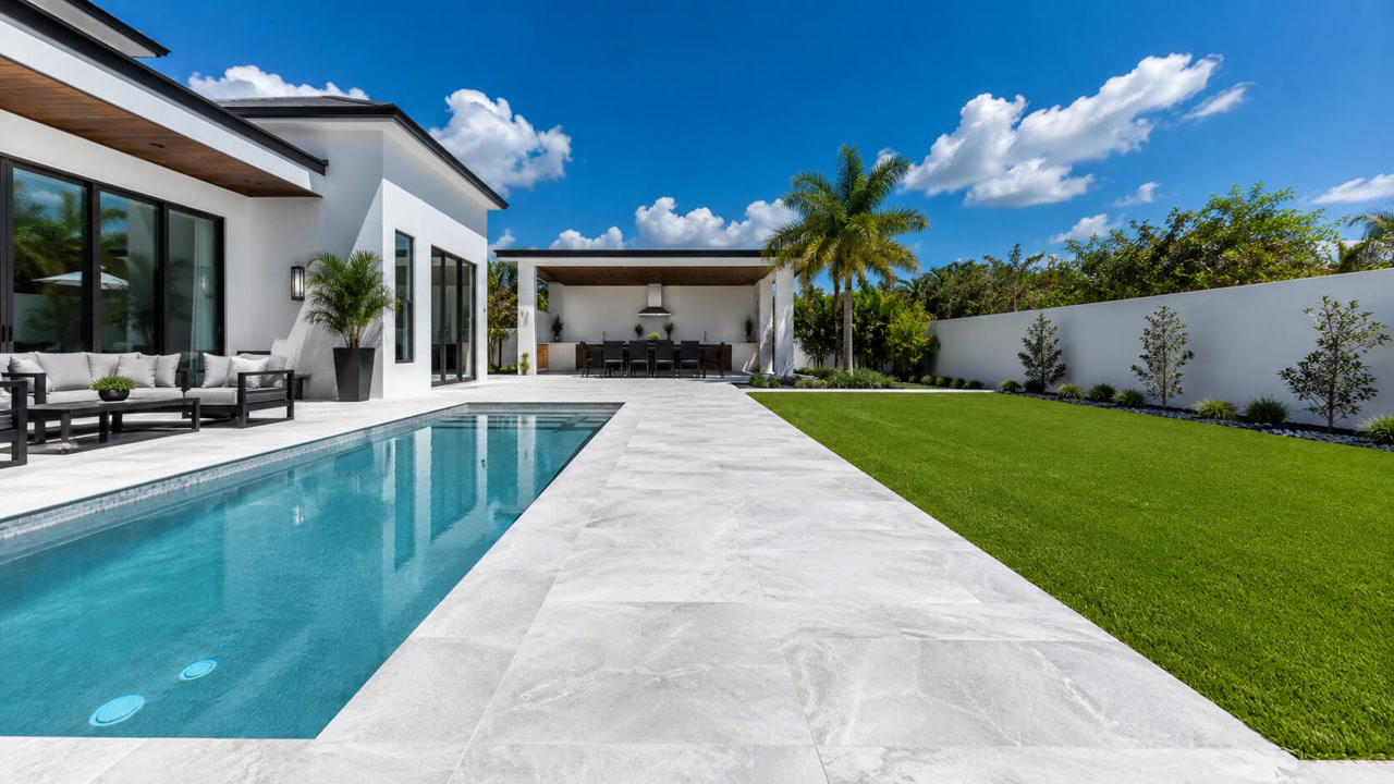 Renovated backyard with a light gray paver walkway running between a lap pool and the lawn on Jupiter Island