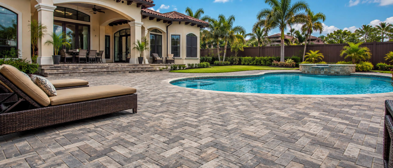 Herringbone paver patio wrapping a freeform pool and spa behind a Mediterranean style Jupiter home