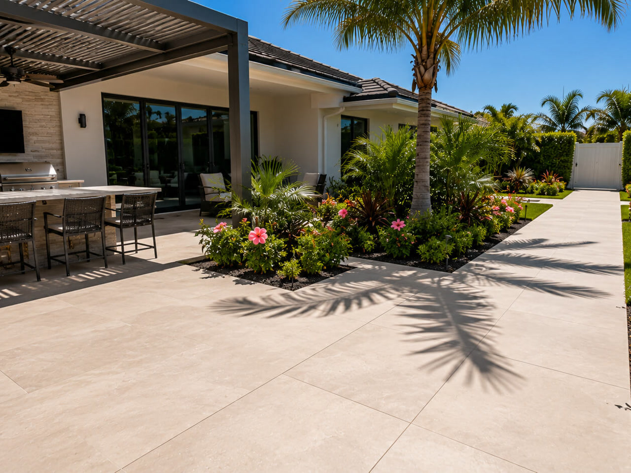 Cream paver patio at an outdoor kitchen under a pergola, with a walkway between planting beds for a Lake Worth Beach homeowner