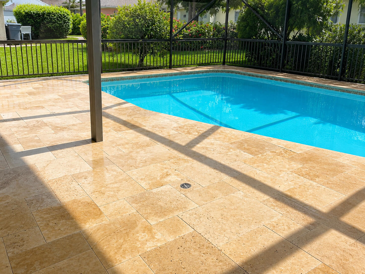 Golden travertine paver pool deck inside a screened lanai, with a fenced Delray Beach backyard beyond the enclosure