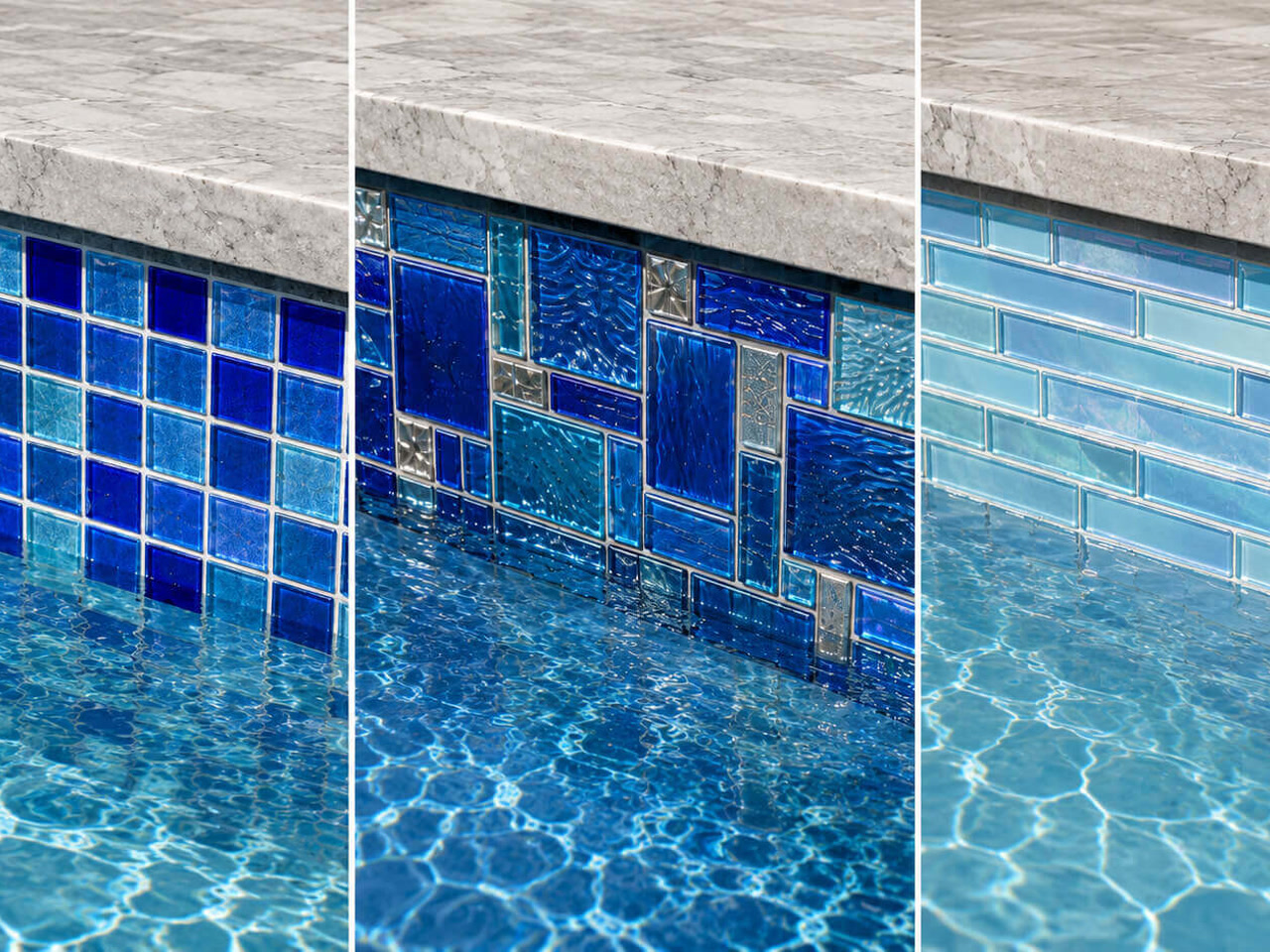 Pool renovation waterline tile choices, from cobalt mosaic squares to a light aqua subway pattern, for a Boynton Beach homeowner