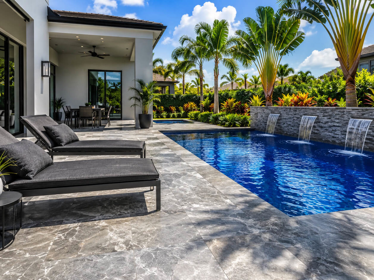 Renovated cobalt-blue pool with three sheer descent waterfalls over a stacked stone wall at a Boynton Beach poolside retreat