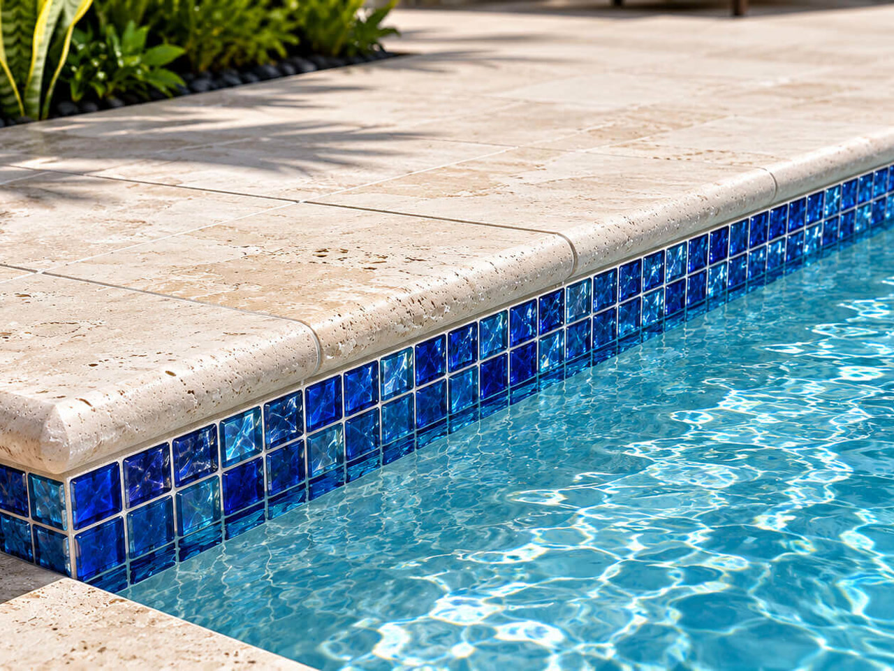 Bullnose travertine pool coping and a cobalt and turquoise glass tile band on a Delray Beach property