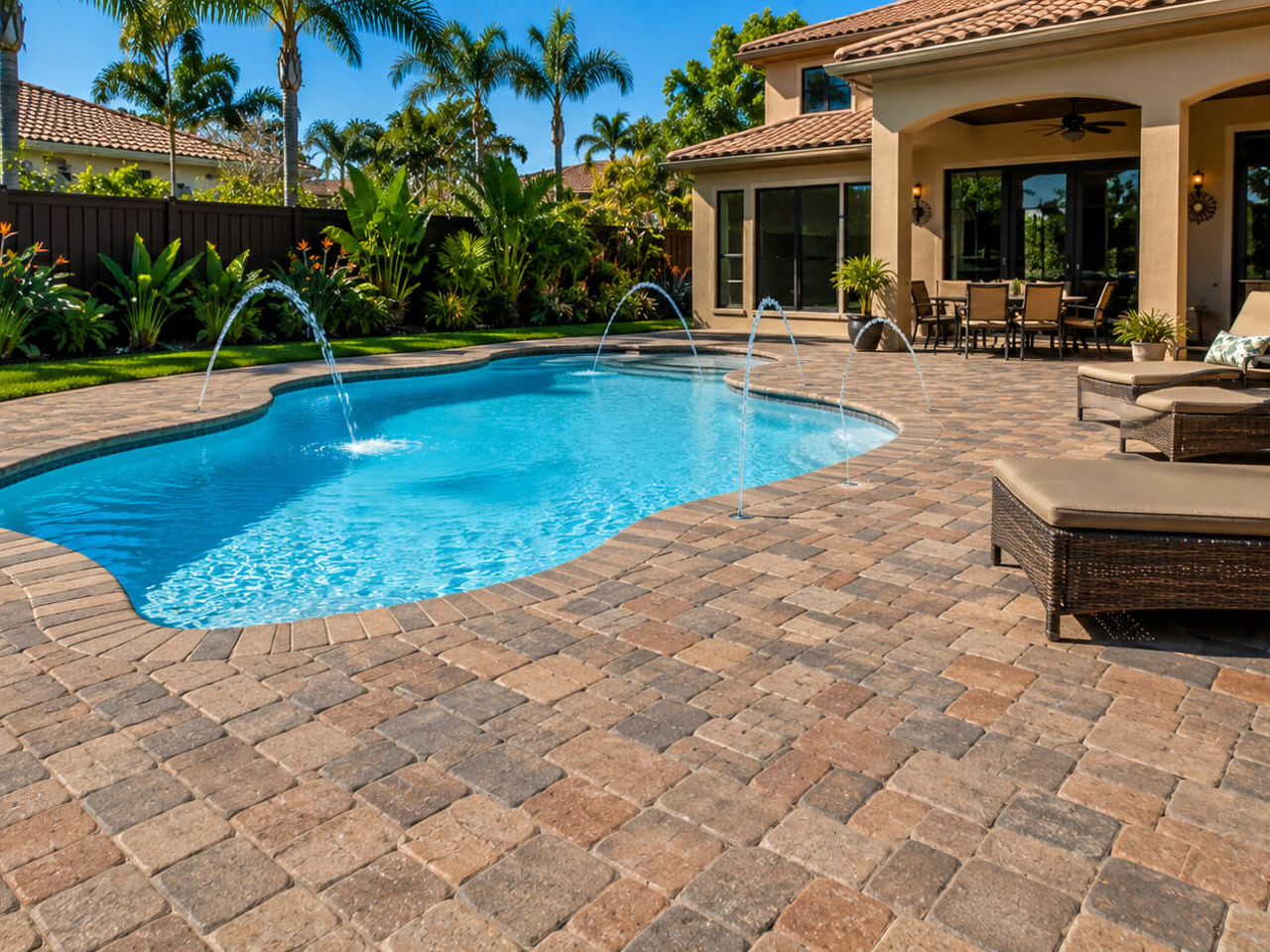 Renovated free-form pool with arcing deck jets and a tumbled paver pool deck at a Greenacres property