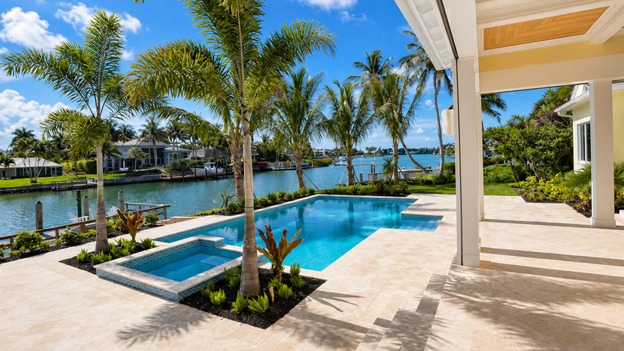 Pool renovation with a blue tile-lined pool and spa, travertine deck and palm-lined waterfront view at a Loxahatchee property