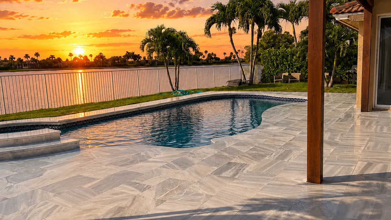 Renovated free-form pool at sunset with a herringbone marble deck overlooking a lake at a West Palm Beach poolside retreat