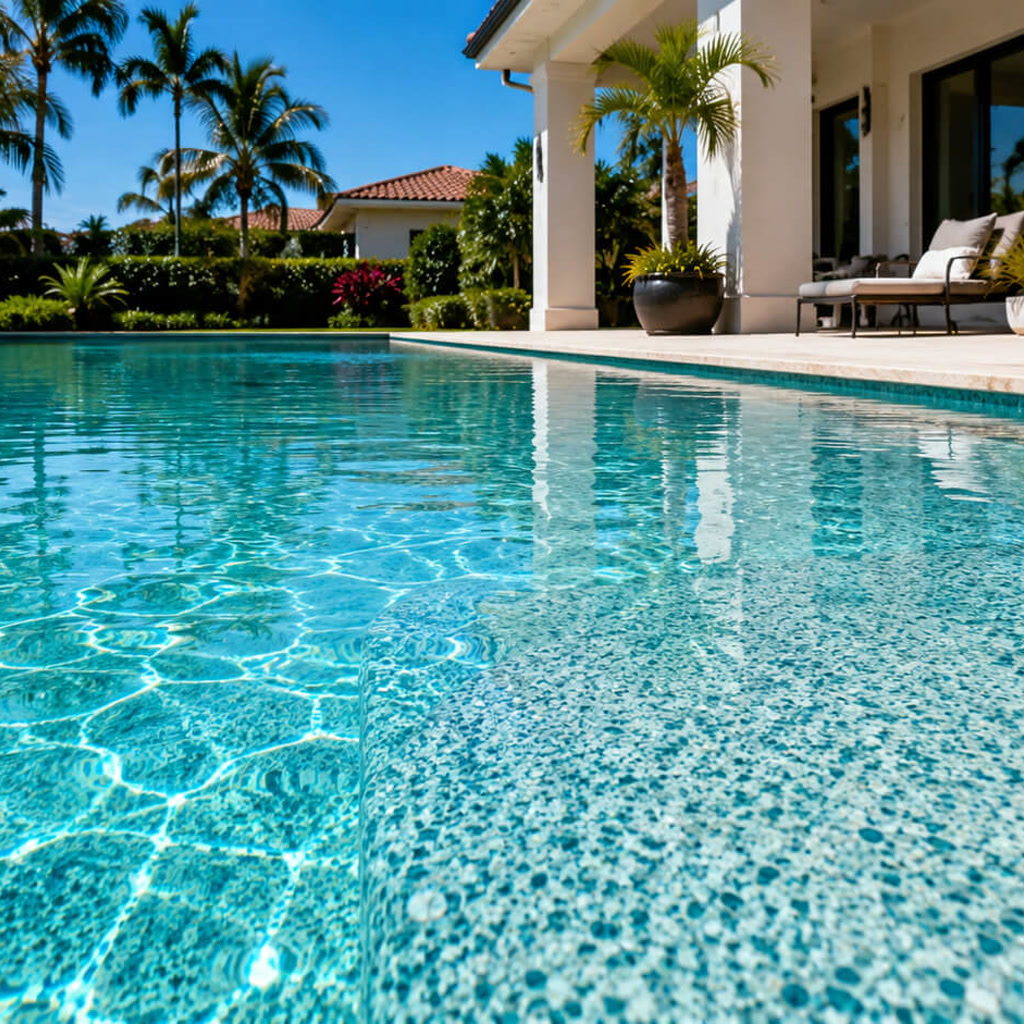 Resurfaced pool whose pebble finish coordinates with the travertine deck and covered patio seating in a Coconut Creek neighborhood
