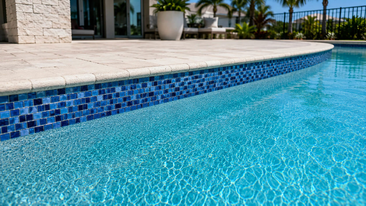 Renovated pool edge with new blue glass mosaic waterline tile under a bullnose travertine coping at a Parkland pool