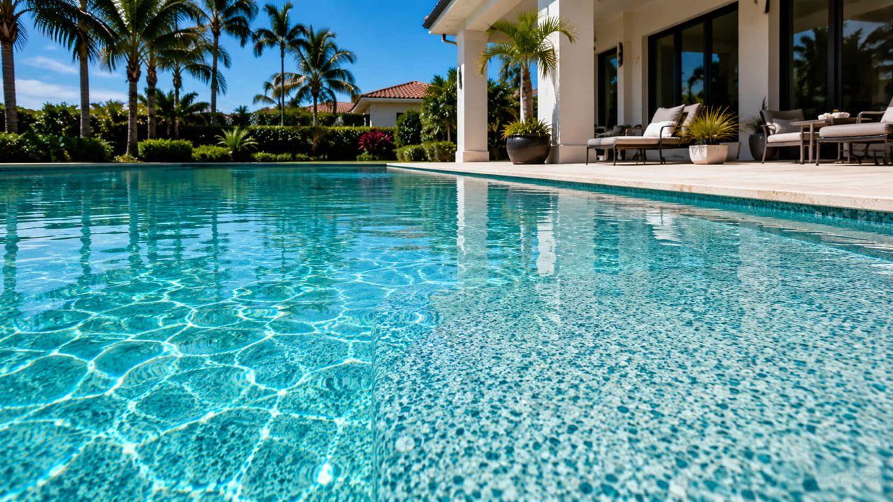 Resurfaced pool with a blue green pebble finish visible under clear water, beside the covered patio of a Wellington home