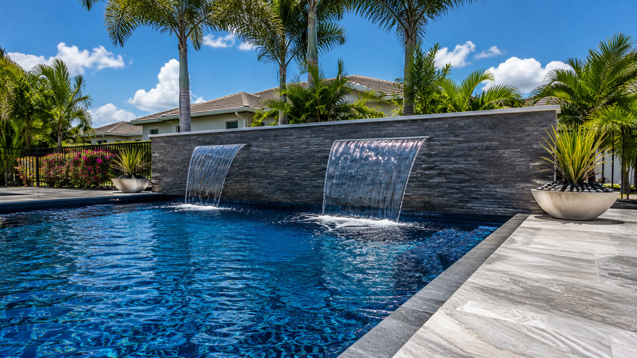 Two sheer descent waterfalls spilling from a gray stacked stone wall into a deep blue Jupiter pool