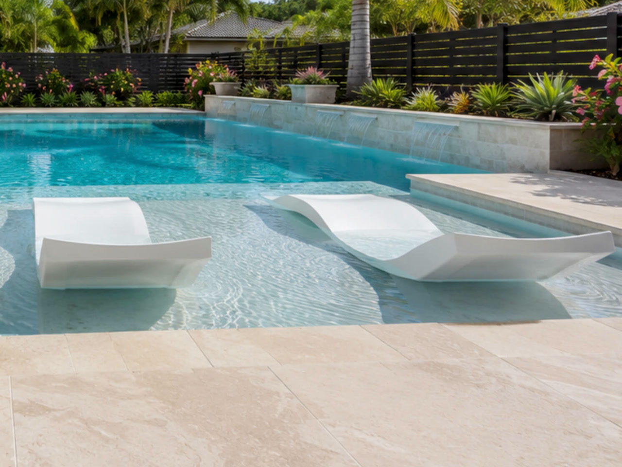Tanning ledge with two white in water loungers in Jupiter, sheer descents spilling from a stone wall behind
