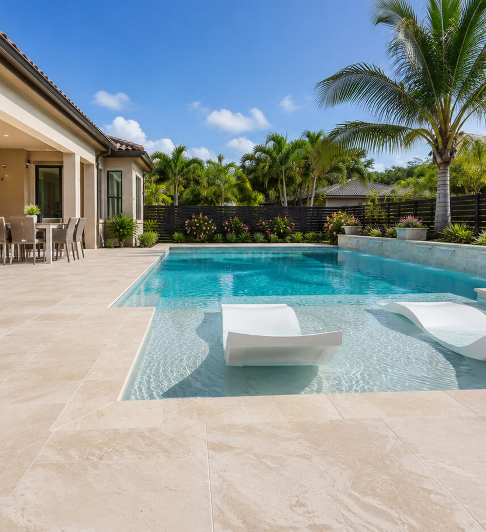 Sun shelf with two white in water loungers beside a travertine deck and covered lanai, Palm Beach Gardens