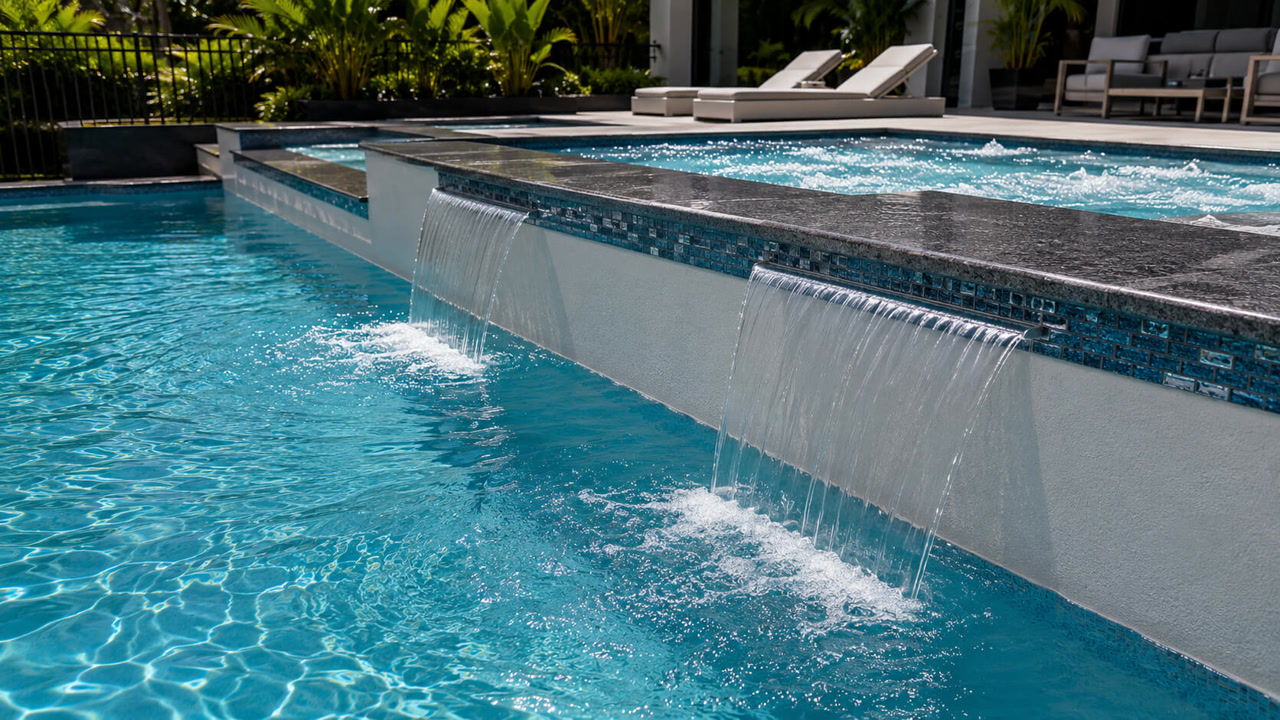 Upgraded pool with sheer descents pouring from a raised spa wall trimmed in blue glass mosaic tile at a Pompano Beach home