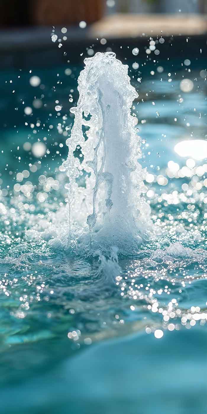 Close-up of a pool bubbler water feature spraying in a modern West Lake pool