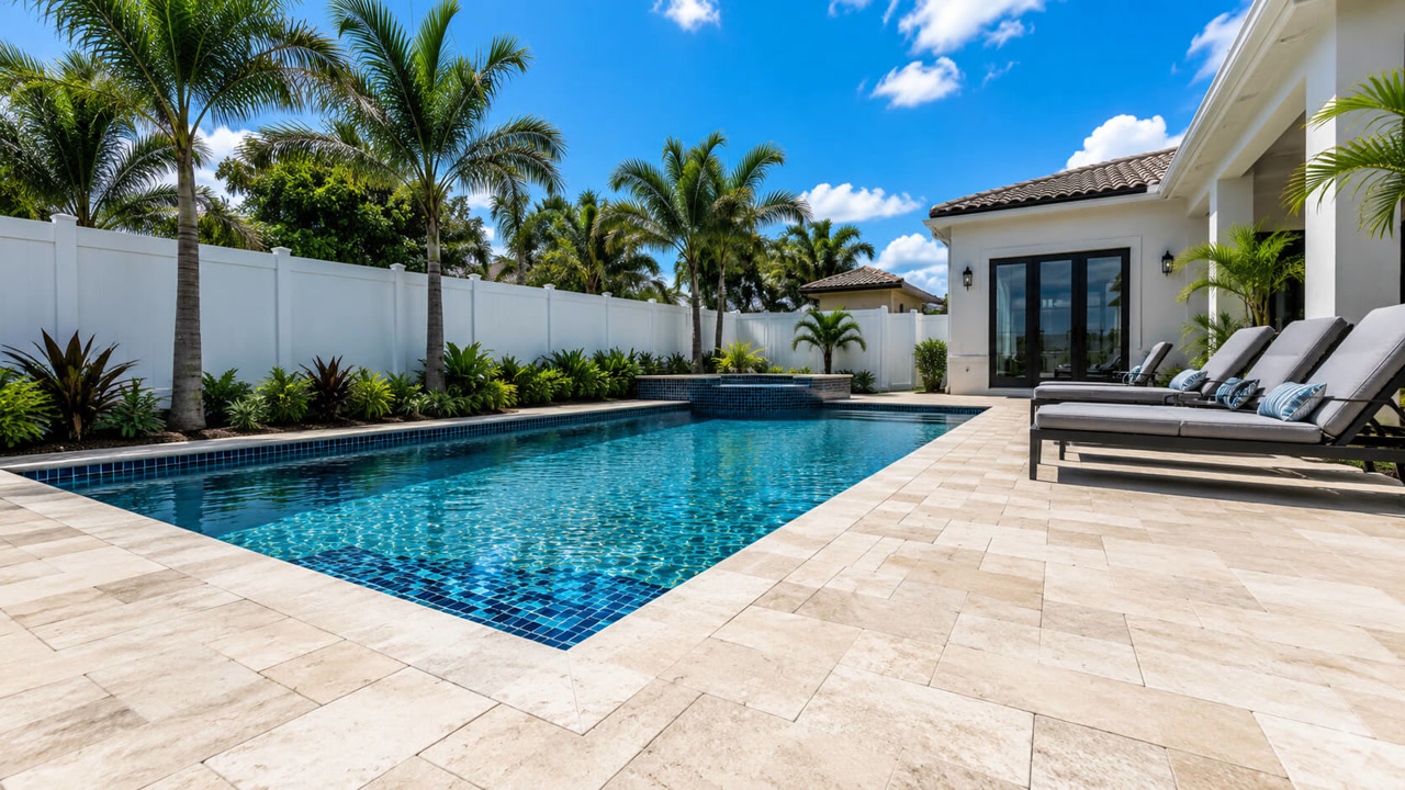 Deerfield Beach pool with a fully renovated edge, deep blue waterline tile and travertine coping wrapping the spa