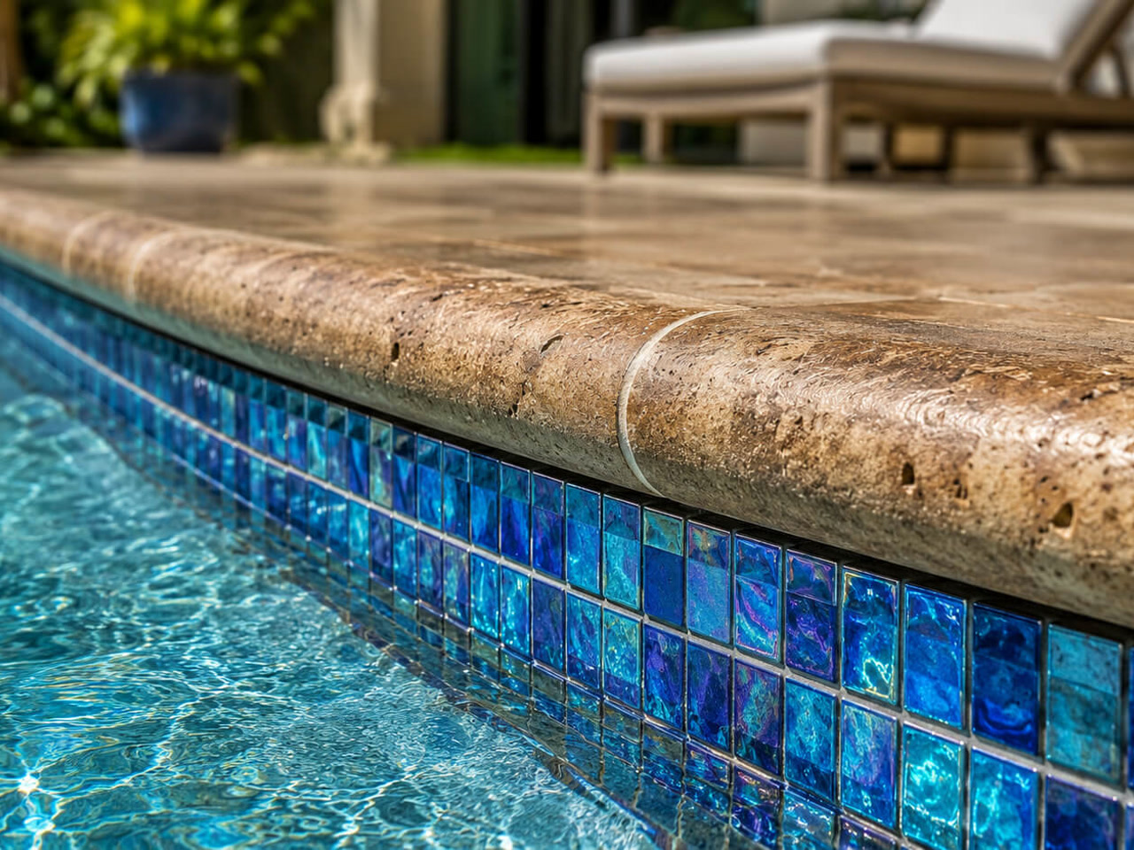 Close up of iridescent blue glass waterline tile beneath a tumbled travertine bullnose coping for a Lake Worth Beach homeowner