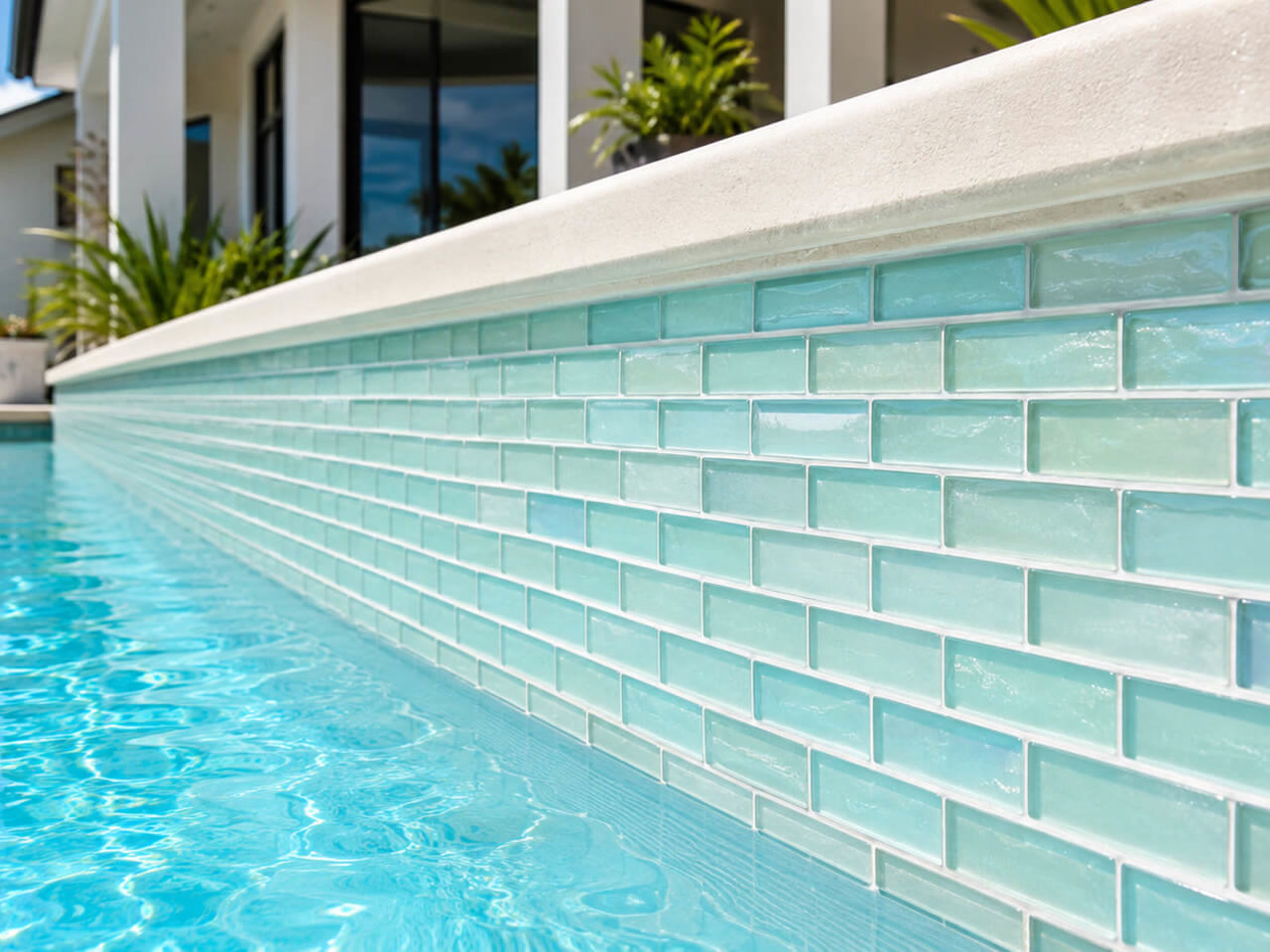 Turquoise glass subway waterline tile under a cream coping at a Palm Beach Gardens residence