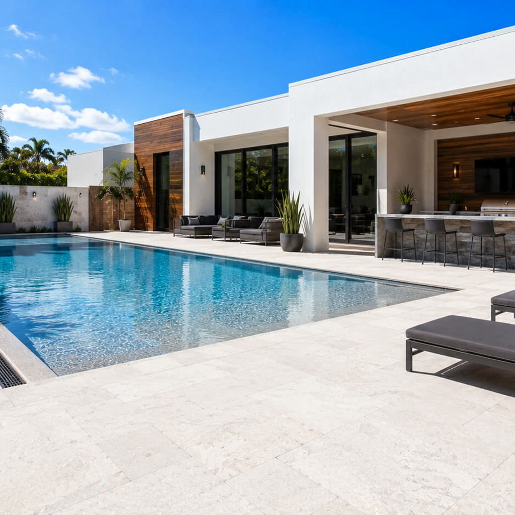 Renovated lap pool alongside a covered outdoor kitchen and lounge on a pale stone deck