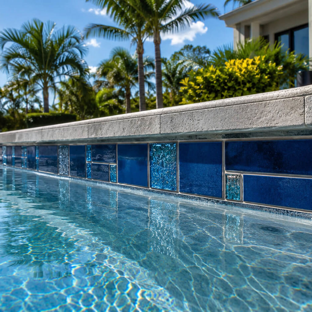 Pool edge combining gray stone coping with cobalt and turquoise glass tile, matched to the surrounding landscape